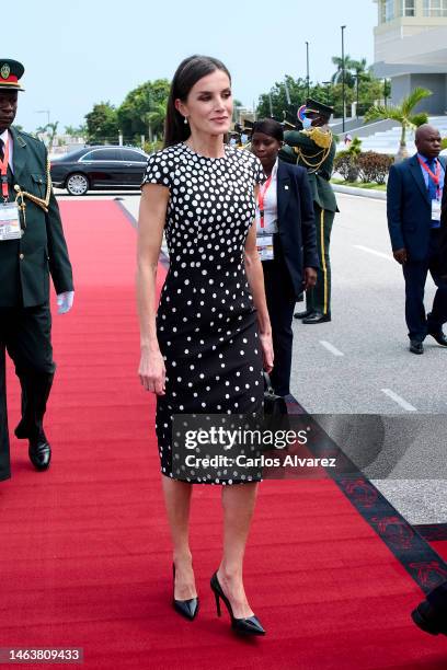 Queen Letizia of Spain attends a memorial to Agostinho Neto, the first President of the Republic of Angola from 1975 to 1979, on February 07, 2023 in...