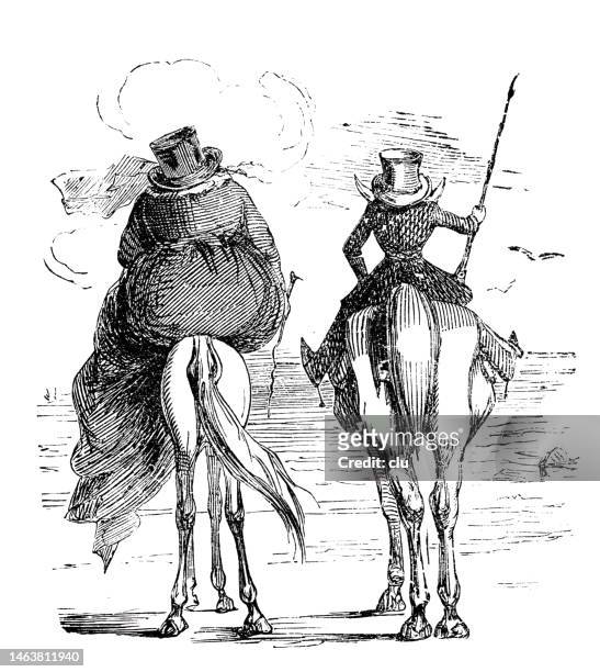 thin man riding on a fat horse and fat woman on a thin horse, rear view, - gelatinous stock illustrations