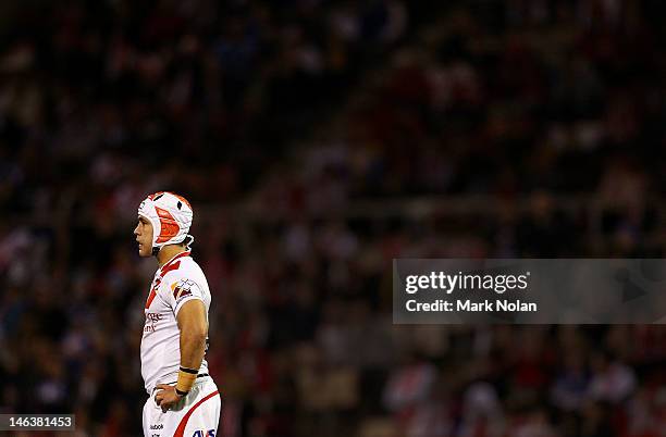 Jamie Soward of the Dragons looks on during the round 15 NRL match between the St George Illawarra Dragons and the Canterbury Bulldogs at WIN Stadium...