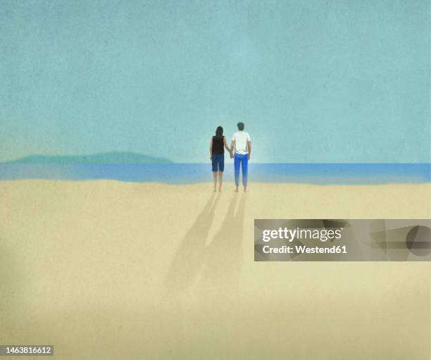 illustration of young couple holding hands on sandy beach - rücken stock-grafiken, -clipart, -cartoons und -symbole
