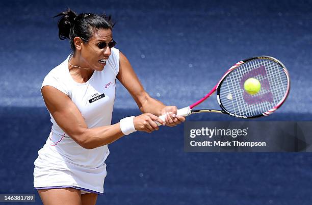 Stephanie Foretz Gacon of France hits a return during her match against Misaki Doi of Japan during day five of the AEGON Classic at Edgbaston Priory...