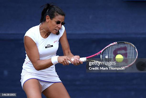 Stephanie Foretz Gacon of France hits a return during her match against Misaki Doi of Japan during day five of the AEGON Classic at Edgbaston Priory...