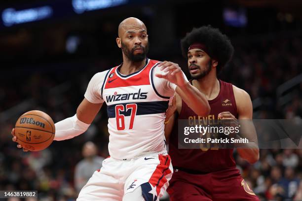 Taj Gibson of the Washington Wizards drives to the basket against the Cleveland Cavaliers during the second half at Capital One Arena on February 06,...