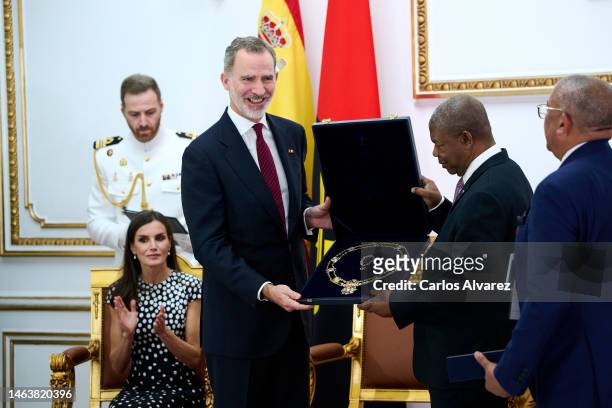 King Felipe VI of Spain and Angolan President Joao Manuel Goncalves Lourenco attend the official reception at the Residential Palace on February 07,...