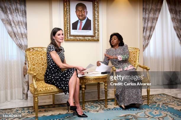 Queen Letizia of Spain and Ana Afonso Dias Lourenco signing of Agreements that follow the Meeting on Education issues of the "Ngana Zanza"...