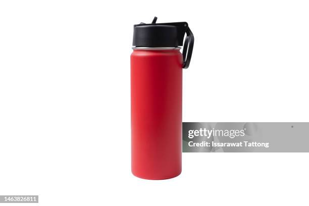 thermos water bottle. red water bottle isolated on white background - sports merchandise stock pictures, royalty-free photos & images