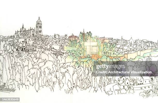 handzeichnung federskizze der skyline von segovia mit neuem bürogebäude-turmprojekt - segovia stock-grafiken, -clipart, -cartoons und -symbole