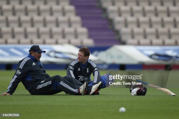 Eoin Morgan of Englan dhas a chat with batting coach Graham Gooch during the England nets session at Ageas Bowl on June 15, 2012 in Southampton,...