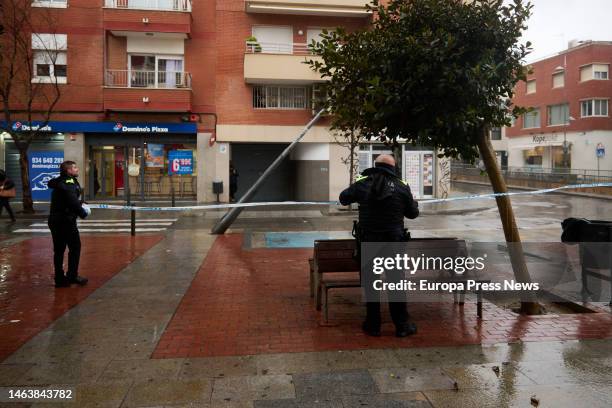 Fall of a lamppost due to the storm, on February 7 in Badalona, Barcelona, Catalonia, Spain. The State Meteorological Agency has activated the orange...