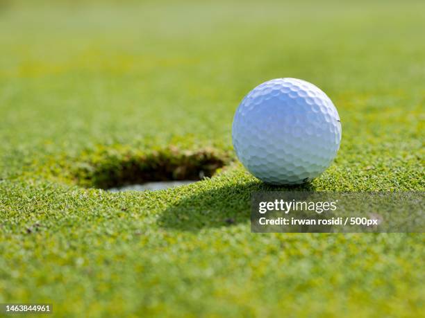 close-up of golf ball on field - golfball stock-fotos und bilder