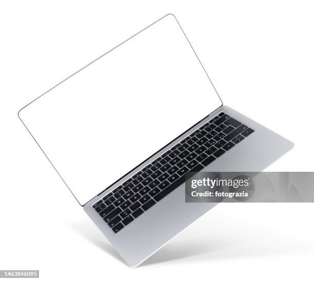laptop with blank screen isolated on white - tablet 3d stock-fotos und bilder