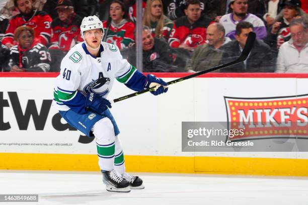 Elias Pettersson of the Vancouver Canucks during the game against the New Jersey Devils on February 06, 2023 at the Prudential Center in Newark, New...