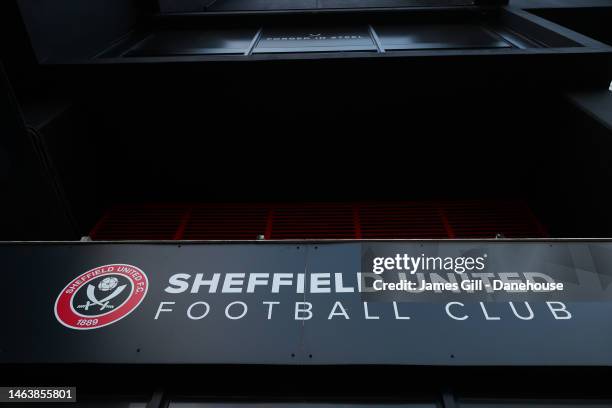 General view of Sheffield United signage is seen outside the stadium ahead of the Emirates FA Cup Fourth Round Replay match between Sheffield United...