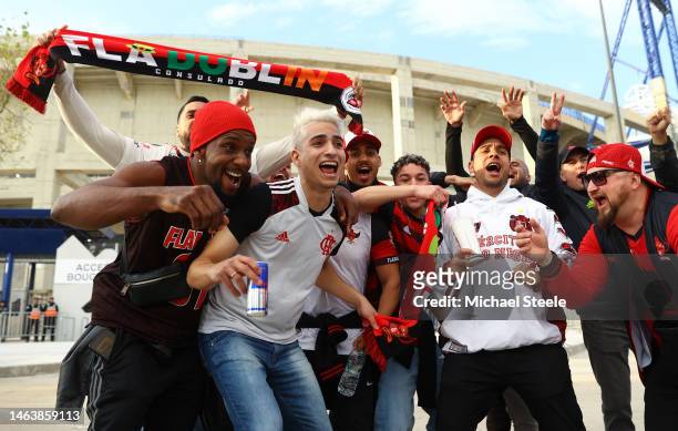 Flamengo fans pose for a photo outside the stadium prior to the FIFA Club World Cup Morocco 2022 Semi Final match between Flamengo v Al Hilal SFC at...