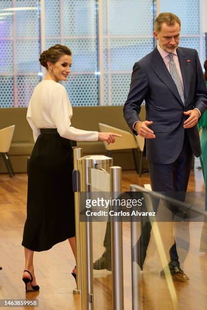 King Felipe VI of Spain and Queen Letizia of Spain attend the presentation of the International University of Cuanza on February 07, 2023 in Luanda,...