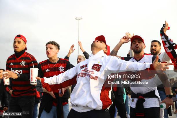 Fans pose for a photo as they arrive at the stadium prior to the FIFA Club World Cup Morocco 2022 Semi Final match between Flamengo v Al Hilal SFC at...
