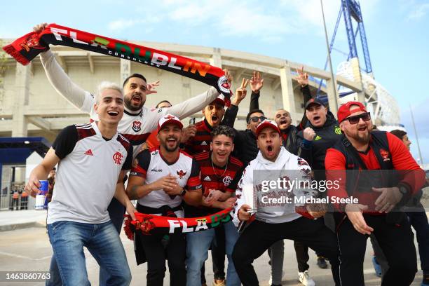 Fans pose for a photo as they arrive at the stadium prior to the FIFA Club World Cup Morocco 2022 Semi Final match between Flamengo v Al Hilal SFC at...