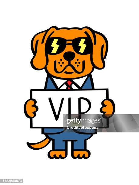 dog holding a placard with text "vip" - puppies wearing sunglasses stock illustrations