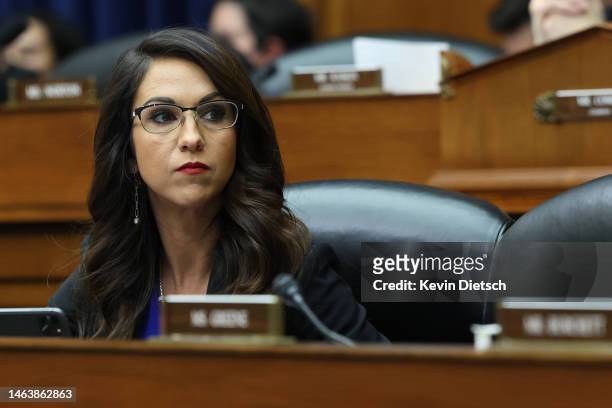 Rep. Lauren Boebert listens to testimony from witnesses during a House Oversight and Reform Committee hearing on the U.S. Southern border, in the...