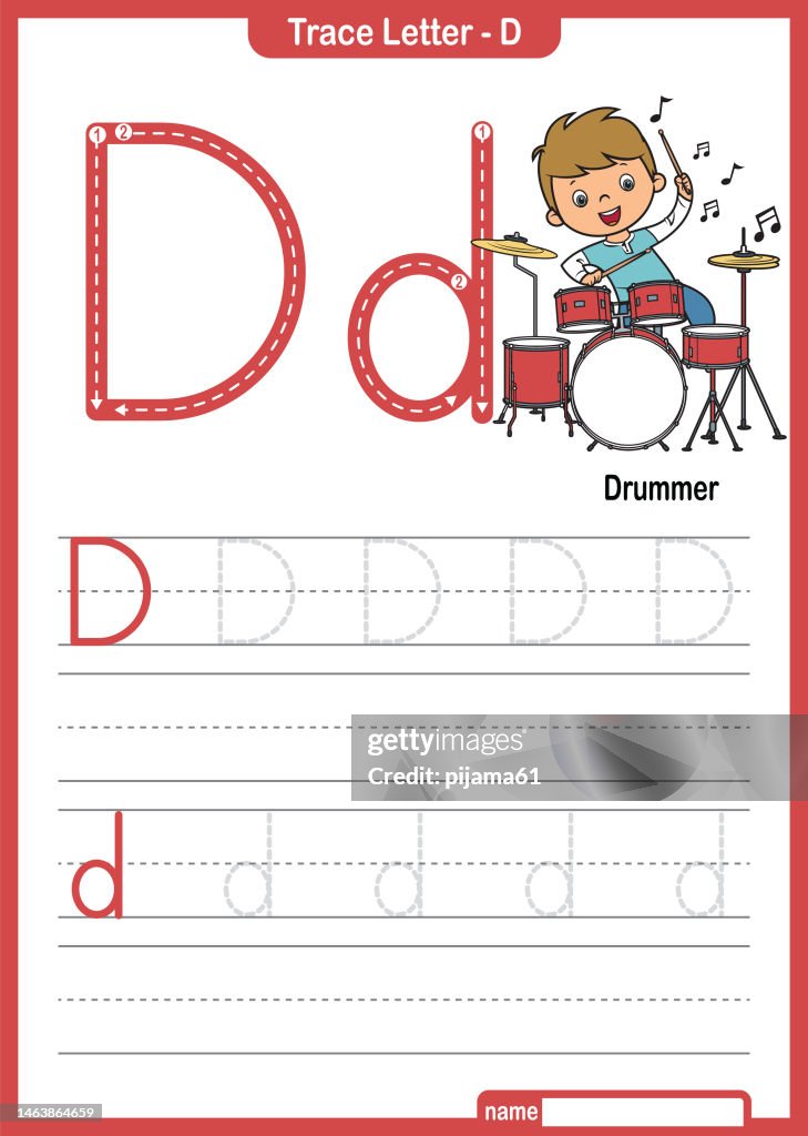 Alphabet Trace Letter A to Z preschool worksheet with the Letter D Drummer Pro Vector