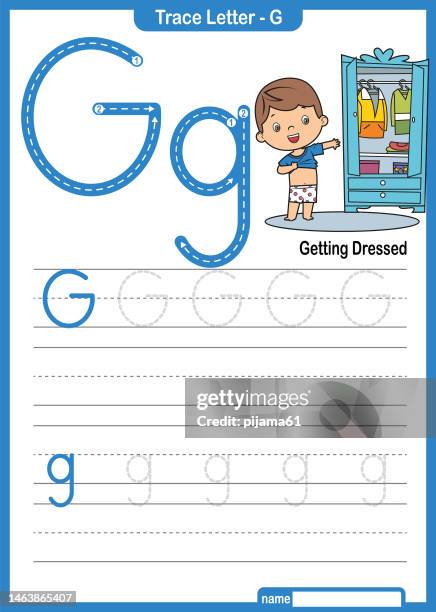 flashcard letter g is for getting dressed vector illustration - boy getting dressed stock illustrations