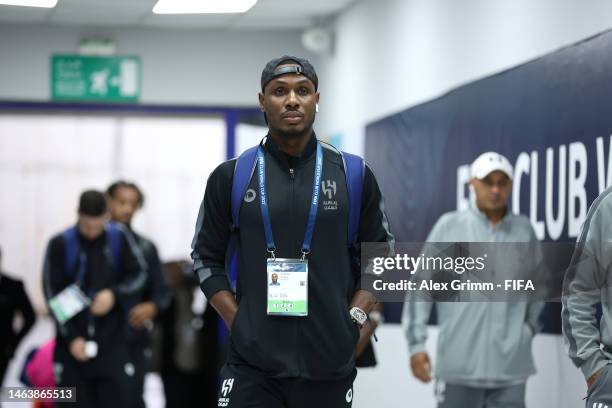 Odion Ighalo of Al Hilal arrives at the stadium prior to the FIFA Club World Cup Morocco 2022 Semi Final match between Flamengo v Al Hilal SFC at...