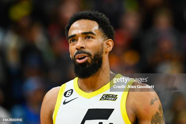 Mike Conley of the Utah Jazz in action during the second half of a game against the Dallas Mavericks at Vivint Arena on February 06, 2023 in Salt...