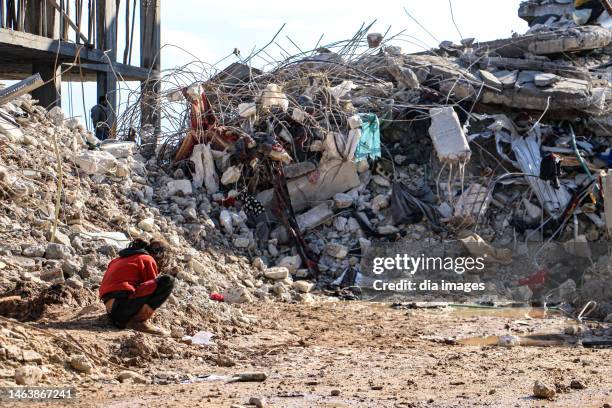 Collapsed building following an earthquake on February 7, 2023 in Afrin, Cinderes, Syria. A 7.8-magnitude earthquake hit near Gaziantep, Turkey, in...