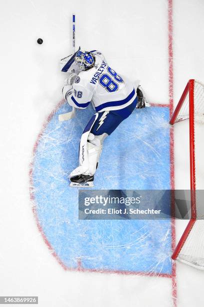 Goaltender Andrei Vasilevskiy of the Tampa Bay Lightning defends the net against the Florida Panthers at the FLA Live Arena on February 6, 2023 in...