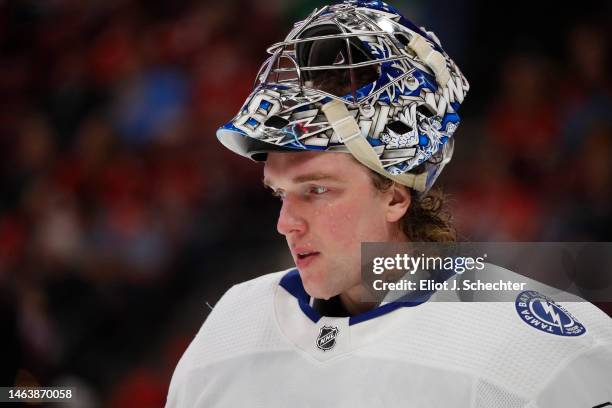 Goaltender Andrei Vasilevskiy of the Tampa Bay Lightning skates the ice during a break in the action against the Florida Panthers at the FLA Live...
