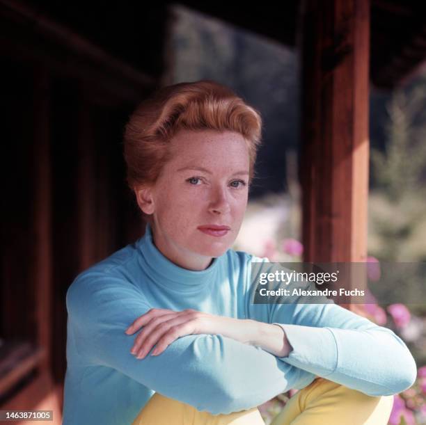 Actress Deborah Kerr poses for a portrait outside her residence in 1956 at Los Angeles, California.