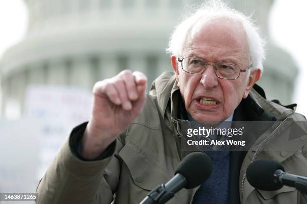 Sen. Bernie Sanders speaks during a news conference in front of the U.S. Capitol on February 7, 2023 in Washington, DC. Congressional Democrats held...