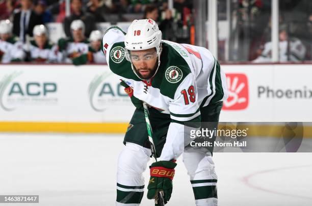 Jordan Greenway of the Minnesota Wild gets ready during a face off against the Arizona Coyotes at Mullett Arena on February 06, 2023 in Tempe,...