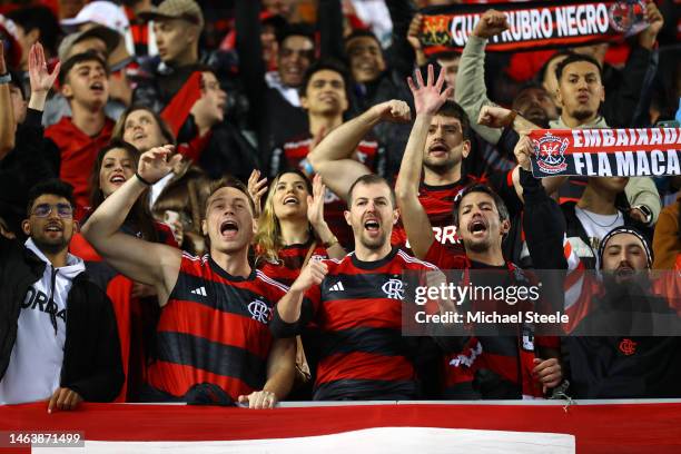 Flamengo fans show their support prior to the FIFA Club World Cup Morocco 2022 Semi Final match between Flamengo v Al Hilal SFC at Stade Ibn-Batouta...