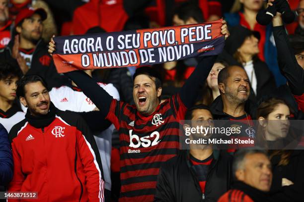 Flamengo fans show their support prior to the FIFA Club World Cup Morocco 2022 Semi Final match between Flamengo v Al Hilal SFC at Stade Ibn-Batouta...