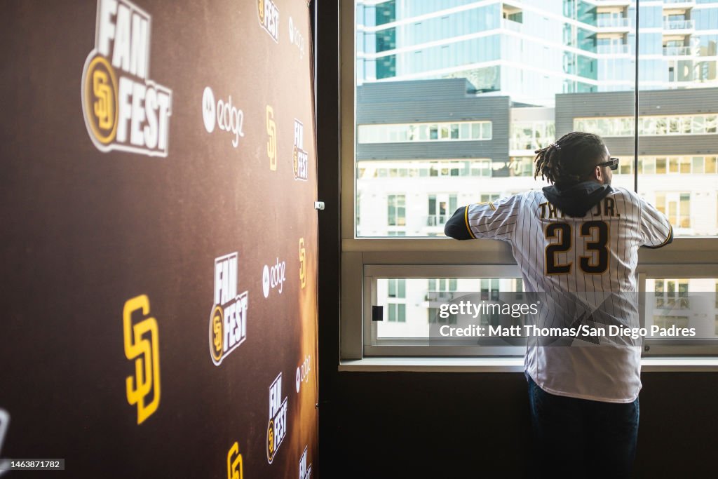 Fernando Tatis Jr of the San Diego Padres waits for his fan photo Fernando Tatis Jr of the San Diego Padres waits for his fan photo