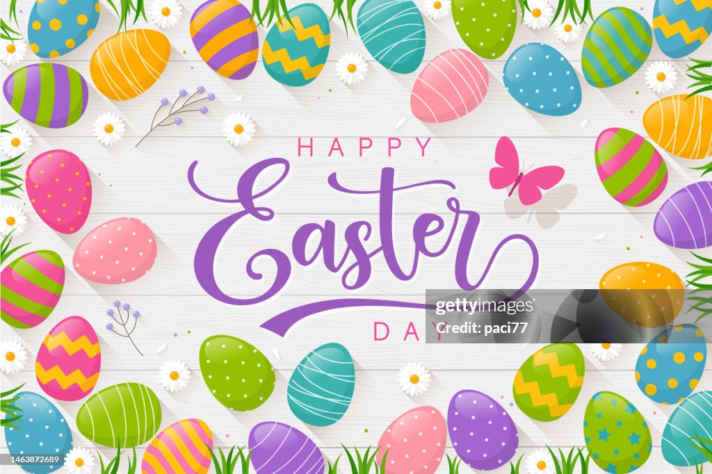 Easter Eggs on Wood background with text Happy Easter Day