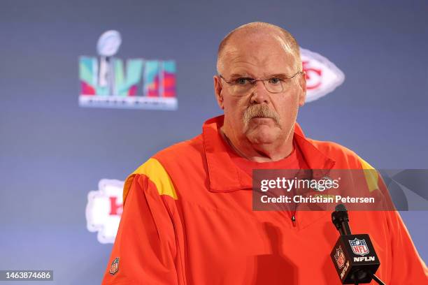 Head coach Andy Reid of the Kansas City Chiefs speaks to the media during the Kansas City Chiefs media availability prior to Super Bowl LVII at the...