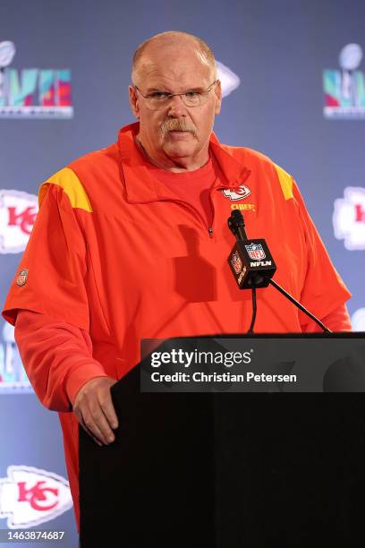 Head coach Andy Reid of the Kansas City Chiefs speaks to the media during the Kansas City Chiefs media availability prior to Super Bowl LVII at the...