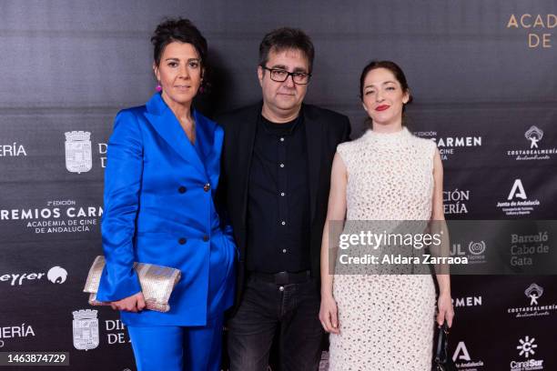 Pilar Crespo, Jesus Ponce and Alicia Moruno attend the red carpet at the "Carmen Awards" 2023 at Auditorio Municipal Maestro Padilla on February 04,...