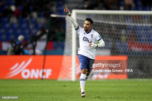 Salem Aldawsari of Al Hilal celebrates after scoring the team's first goal from the penalty spot during the FIFA Club World Cup Morocco 2022 Semi...