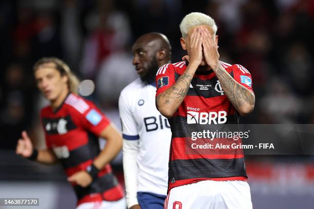 Pedro of Flamengo reacts during the FIFA Club World Cup Morocco 2022 Semi Final match between Flamengo v Al Hilal SFC at Stade Ibn-Batouta on...