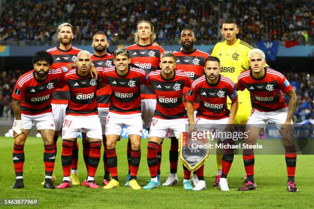 Flamengo players pose for a photo prior to the FIFA Club World Cup Morocco 2022 Semi Final match between Flamengo v Al Hilal SFC at Stade Ibn-Batouta...