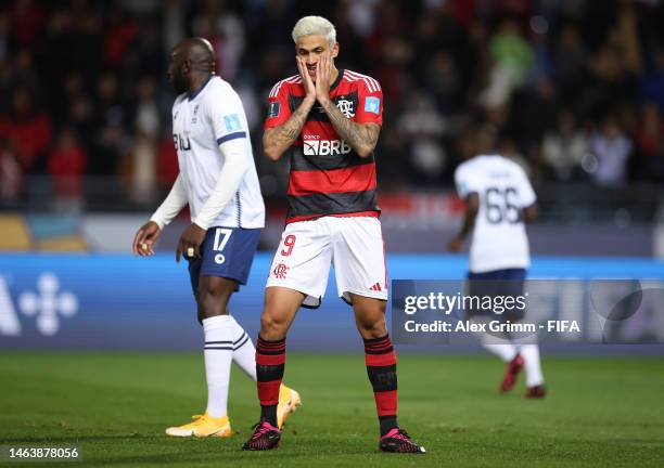 Pedro of Flamengo reacts during the FIFA Club World Cup Morocco 2022 Semi Final match between Flamengo v Al Hilal SFC at Stade Ibn-Batouta on...