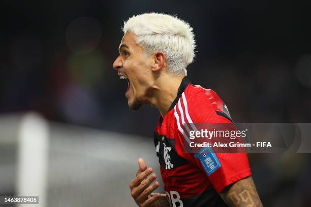 Pedro of Flamengo celebrates after scoring the team's first goal during the FIFA Club World Cup Morocco 2022 Semi Final match between Flamengo v Al...