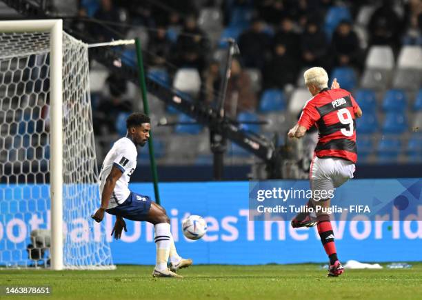 Pedro of Flamengo scores the team's first goal during the FIFA Club World Cup Morocco 2022 Semi Final match between Flamengo v Al Hilal SFC at Stade...