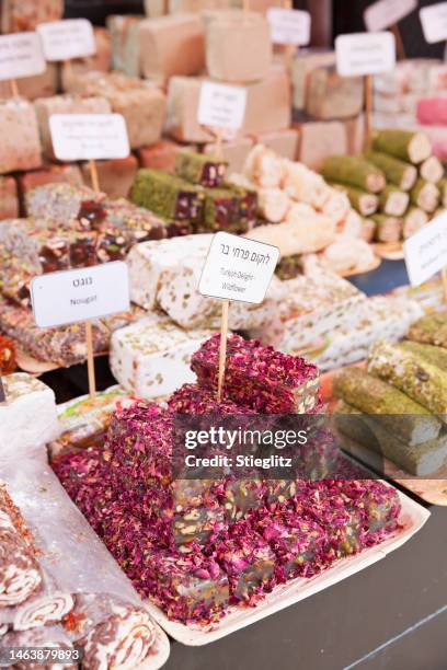 turkish delight sweets at carmel market, tel aviv - turkish delight stock pictures, royalty-free photos & images