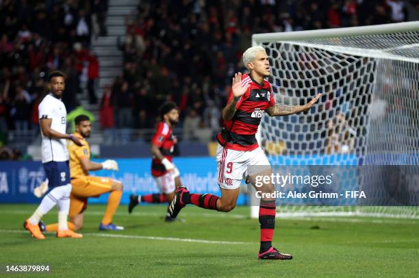 Pedro of Flamengo celebrates after scoring the team's first goal during the FIFA Club World Cup Morocco 2022 Semi Final match between Flamengo v Al...