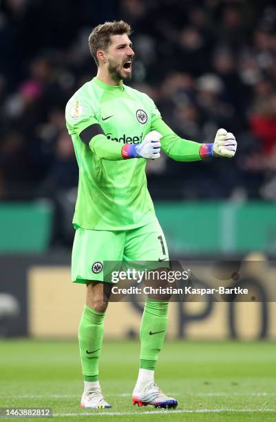 Kevin Trappof Frankfurt celebrates his team's first goal during the DFB Cup round of 16 match between Eintracht Frankfurt and SV Darmstadt 98 at...