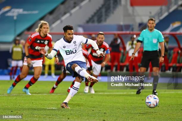 Salem Aldawsari of Al Hilal scores the team's second goal from the penalty spot during the FIFA Club World Cup Morocco 2022 Semi Final match between...